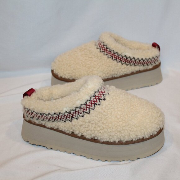NEW UGG WOMEN'S TAZZ SHEARLING BRAID TASMAN‎ PLATFORM SLIPPERS NATURAL - Picture 2 of 6